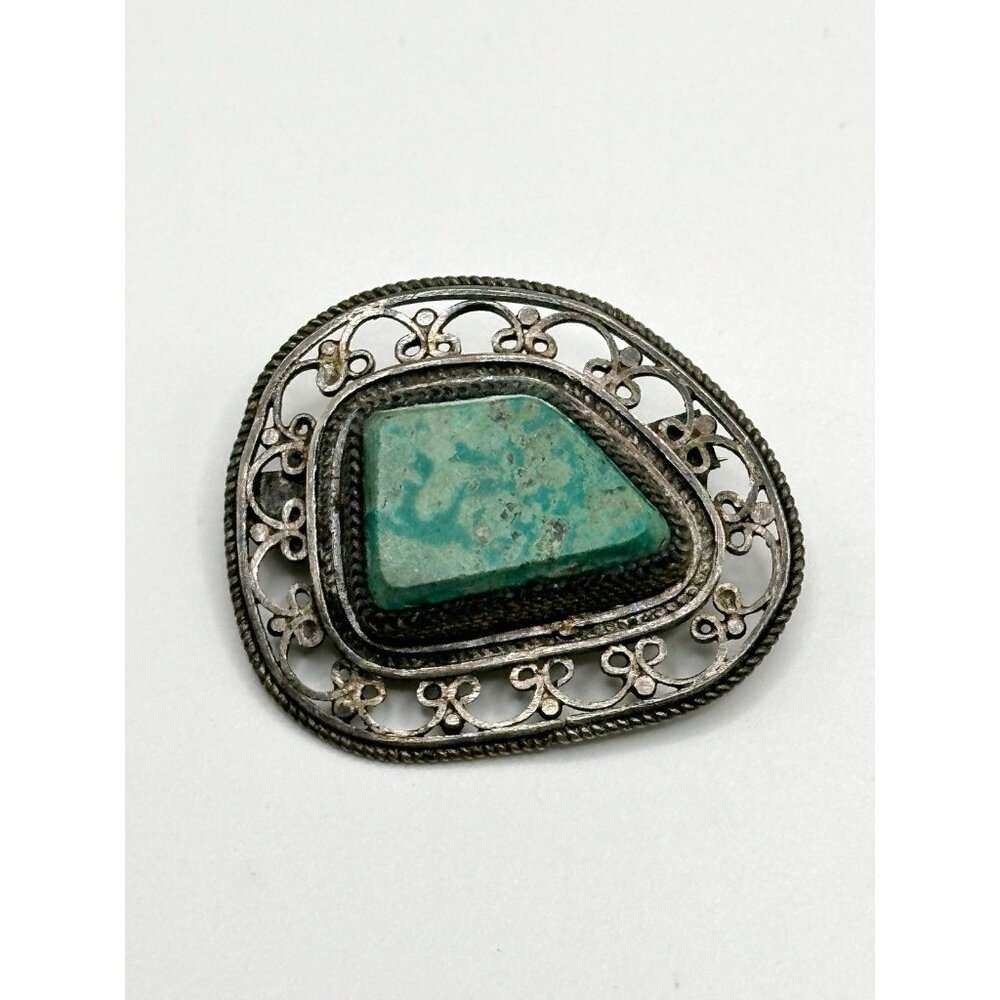 Vintage Filigree Turquoise? Pin‎ Brooch Ornate